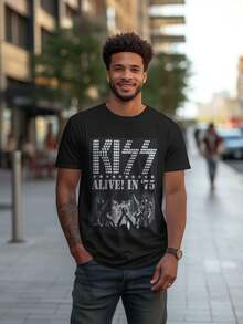 Kiss 1975 Tour Vintage Tee With Stage Graphic Soft Breathable Cotton Shirt For Men Couples Official Kiss Merchandise Gift For Machine Washable Casual Wear Classic, Men Clothes, Graphic T-Shirt Men, Western Style, Unisex T-Shirt 220g, Local Warehouse