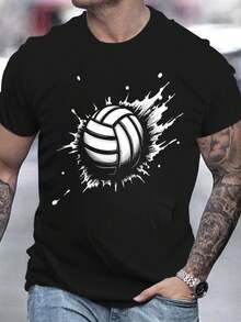 Men's Volleyball Graphic Print Drop Shoulder Tee - Casual Loose Fit Short Sleeve T-Shirt, Streetwear Inspired Sporty Design Top For Daily Wear & Outdoor Activities
