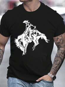 Men's Western Style Horse Rider Graphic Tee, Casual Loose Fit Short Sleeve Crew Neck T - Shirt For Daily Wear, Streetwear Inspired Oversized Top