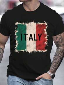 Camiseta de manga corta oversize para hombres con estampado gráfico de bandera de Italia desgastada, casual, estilo callejero, de verano, corte holgado, estilo retro y nacional