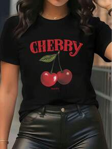Camiseta gráfica de cereza vintage Y2K para mujer, camiseta de manga corta y cuello redondo casual con estampado de "CEREZA" y eslogan "FELIZ TENGA UN BUEN DÍA", top de verano