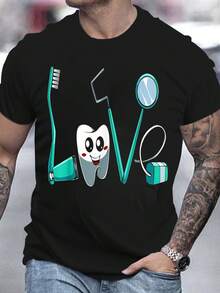 Men's Casual Oversized T-Shirt Dentist Theme Love Graphic Print Tee With Toothbrush Dental Tools Pattern Short Sleeve Loose Fit Streetwear Top