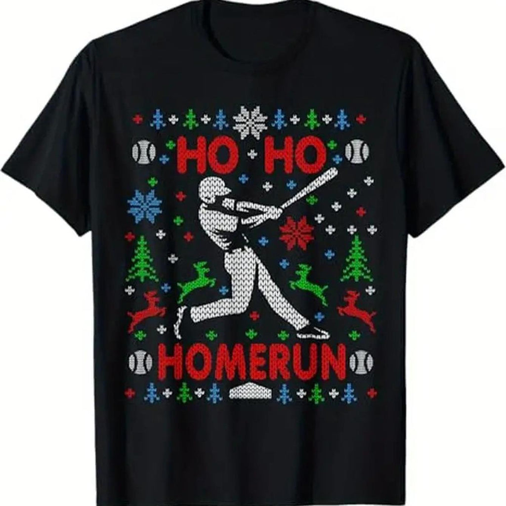 Men's Christmas Baseball T-Shirt | 100%, Black Holiday Pattern with Santa Hat and Snowflakes