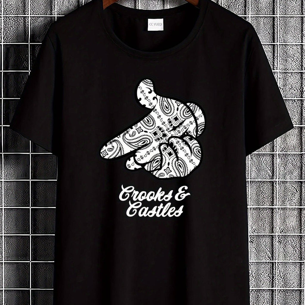 Black Graphic T-Shirt for Men by Red Crooks And Castles in Size XL - a Casual Streetwear Crew Neck Tee Featuring a Peace Sign And Logo Design. This Breathable And Soft Unisex Top Is Perfect for Everyday Wear, Suitable for All Seasons. A Stylish And