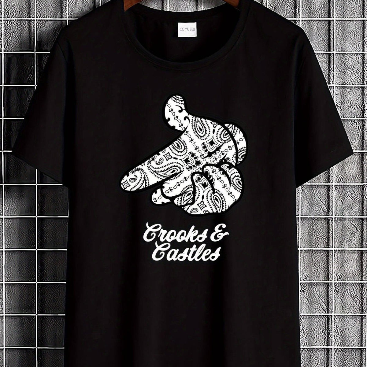 Black Graphic T-Shirt for Men by Red Crooks And Castles in Size XL - a Casual Streetwear Crew Neck Tee Featuring a Peace Sign And Logo Design. This Breathable And Soft Unisex Top Is Perfect for Everyday Wear, Suitable for All Seasons. A Stylish And