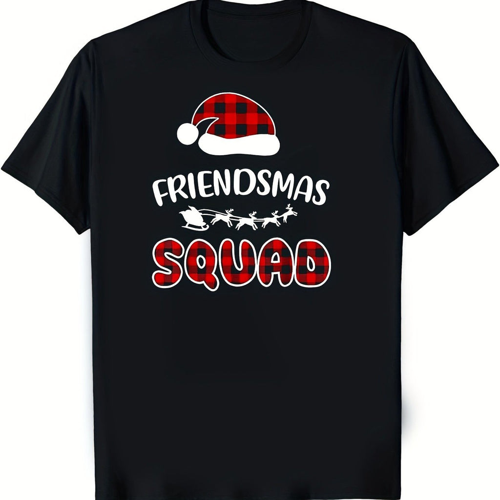 Men's & Women's Friendsmas Squad Christmas T-Shirt with Santa Hat & Snowflake Print - Black with White Lettering, Casual Crew Neck Short Sleeve Holiday Party Outfits (S-2XL) for Family Gatherings, Matching Group Shirts for all-Season, PLUS SIZE