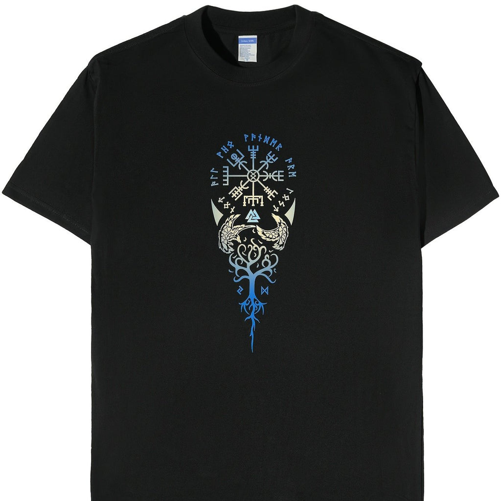 Men's Viking Norse Rune & Yggdrasil Tree of Life T-Shirt - Black Norse Mythology Shirt with Viking Runes, Breathable Cotton Tee for all-Season Casual Wear, Machine Washable Viking Apparel