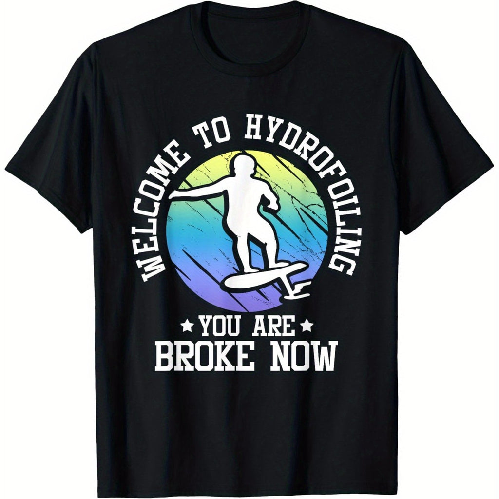 Efoil Board Hydrofoil T-Shirt - "Welcome to Hydrofoiling" Graphic, 180g, Black with Colorful Wave Design, All-Season Comfort, Casual Crew Neck Tee for Men & Women, Casual Wear|Playful Graphic Tee|Comfortable Fit