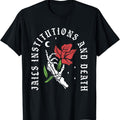 1pc EWH Men'S Cotton Crew Neck T-Shirt - Black _Jails Institutions & Death Recovery_ 12 Steps AA Sobriety Graphic Print, Casual Loose Fit with Slight Stretch, All-Season Comfort, Machine