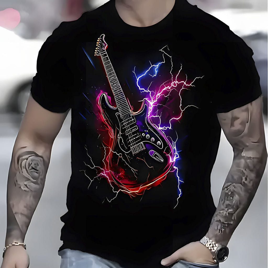 Men's Music-Themed T-Shirt - Guitar & Bolt Print, Black with Graphics, Loose Fit Short Sleeve, Breathable Fabric for all-Season Comfort, Casual Streetwear Style for Concerts & Casual Attire