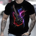 Men's Music-Themed T-Shirt - Guitar & Bolt Print, Black with Graphics, Loose Fit Short Sleeve, Breathable Fabric for all-Season Comfort, Casual Streetwear Style for Concerts & Casual Attire