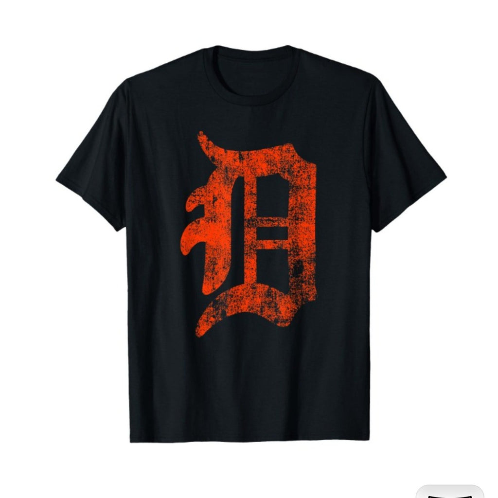 Men'S Vintage Detroit 'D' Graphic T-Shirt - Black with Orange Geometric Design, Breathable Regular Fit Crew Neck Short Sleeve Tee, Slight Stretch All-Season Casual Shirt, Retro Urban Streetwear Essential for Casual Attire & Layering