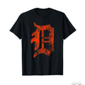 Men'S Vintage Detroit 'D' Graphic T-Shirt - Black with Orange Geometric Design, Breathable Regular Fit Crew Neck Short Sleeve Tee, Slight Stretch All-Season Casual Shirt, Retro Urban Streetwear Essential for Casual Attire & Layering