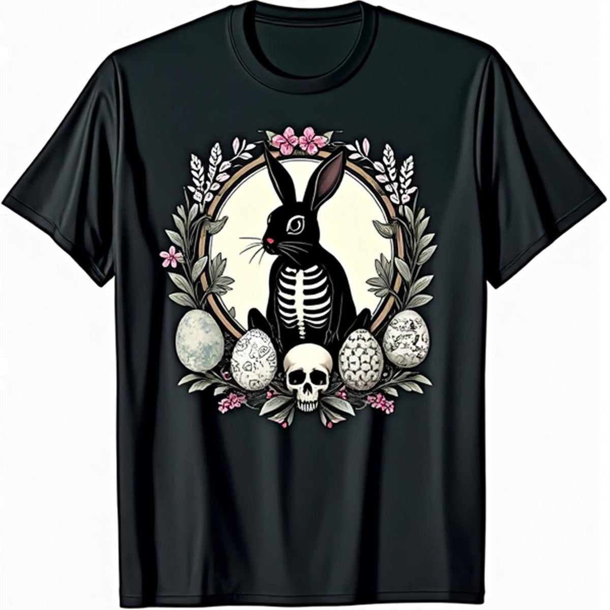 Men's Gothic Easter T-Shirt - Soft Cotton Tee with Skeleton Bunny, Floral eggs & pastel pink accents - Dark Fantasy Casual Shirt Halloween, Easter, Casual Attire - Washable Regular Fit Adult Top, Halloween T Gifts