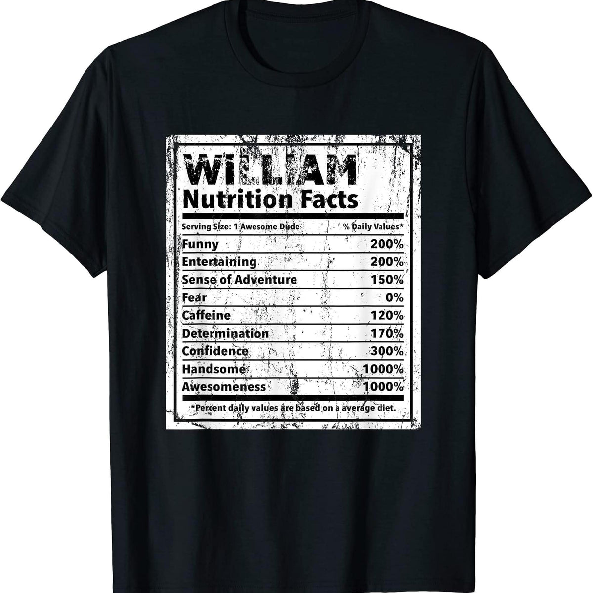 Funny William Nutrition Facts T-Shirt - Men's Novelty Birthday Christmas Gift Idea - 100% Cotton Soft Everyday Tee - Sizes S-XXXL - Funny Name Joke Apparel for Adults