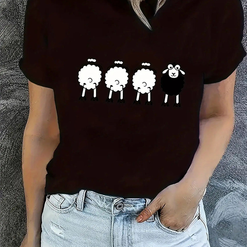 Plus Size, Women's & Unisex-Like Sheep Print T-Shirt - Soft Short Sleeve Round Neck Casual Top with Cute Sheep & Sheep Angel/Devil Horns Design, White & Black All-Season Fit (Sizes S-0XL) for Casual Attire, Christmas & Halloween Outfits