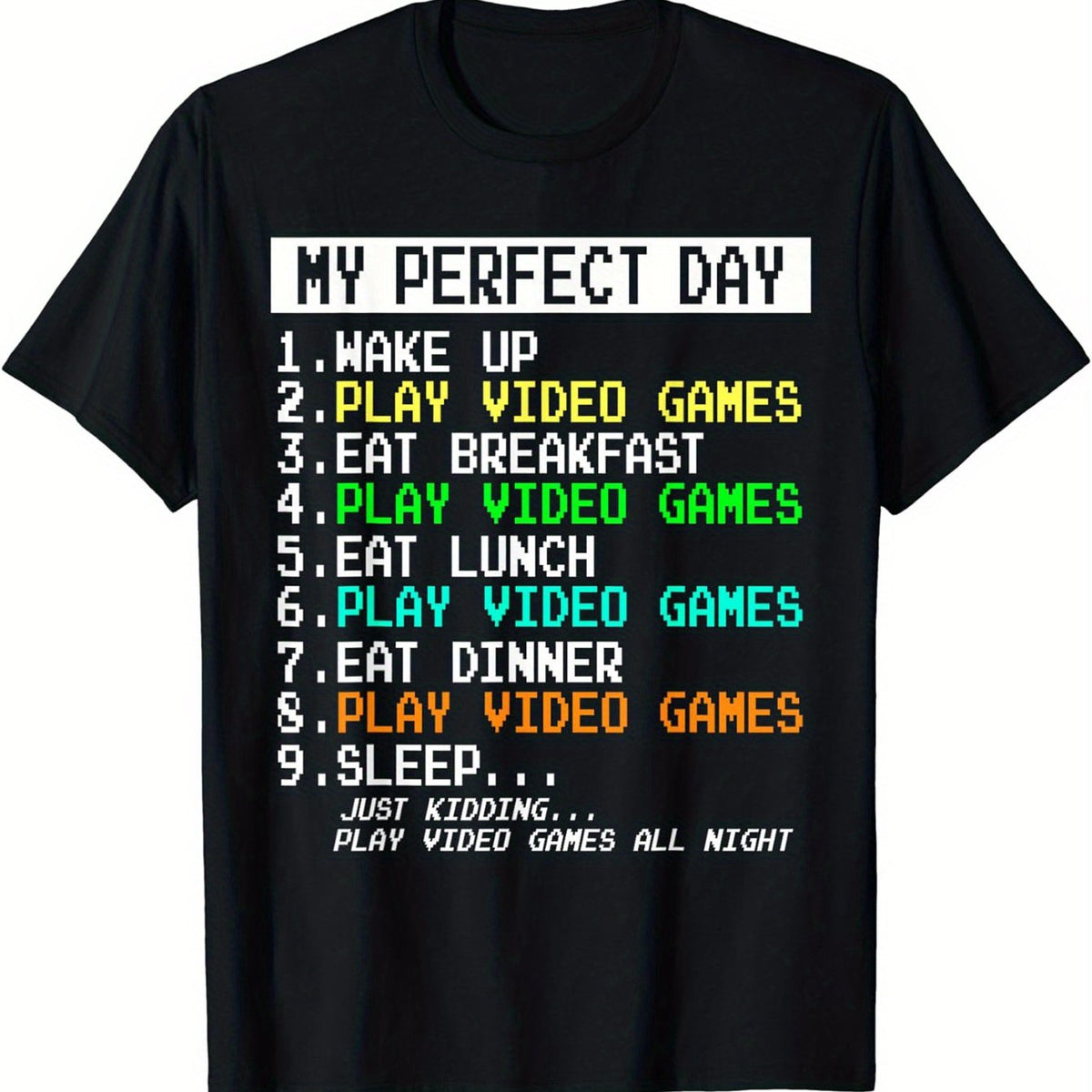 Men'S Retro Loose Gaming T-Shirt | 80s/90s Video Game Design, Artistic Text and 8-Bit Number List (My Perfect Day) - Pure Casual Gamer T-Shirt, Crew Neck, Short Sleeve, All-Season Wear, Machine Washable Black Top