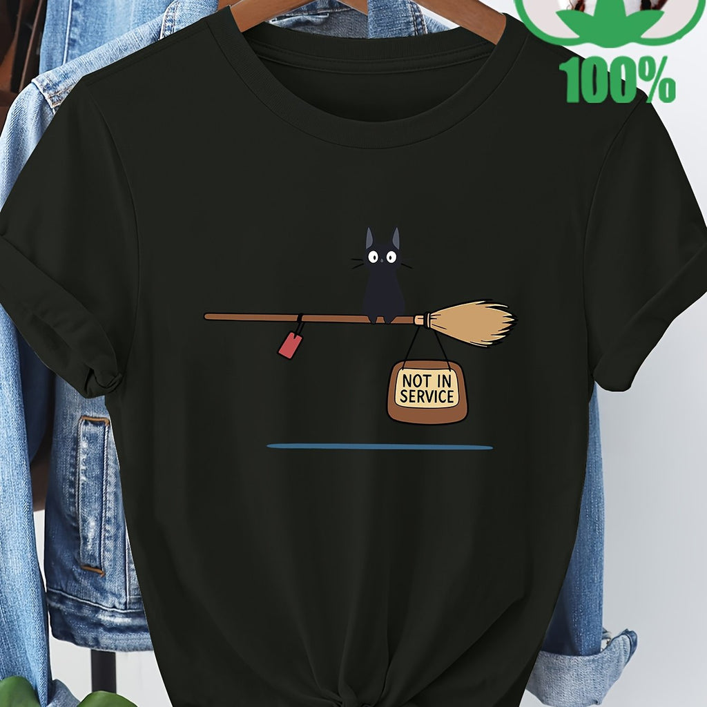 Women's Navy Blue Anime Wizard Delivery Service T-Shirt with Cute Black Cat Bounty Hunter