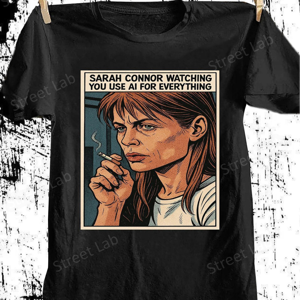 Sarah Connor AI Watching You Terminator-Inspired T-Shirt | Retro AI & Tech Graphic Tee, Soft Classic Fit, Crew Neck, Medium Stretch Fabric, Casual Wear, Ideal for Tech Enthusiasts & AI Lovers, Unisex, All-season.