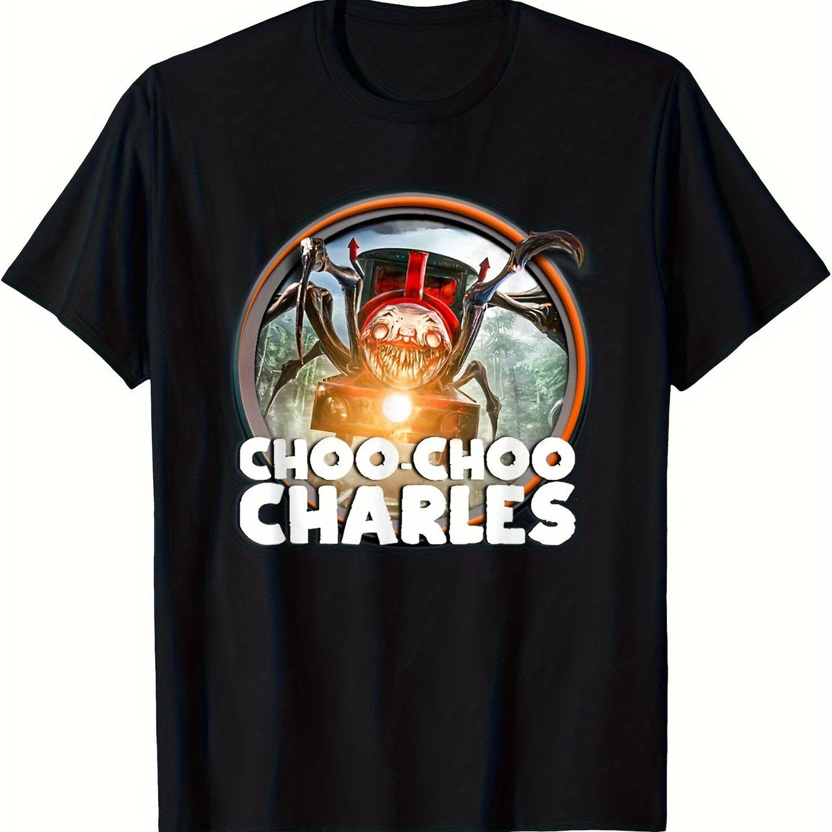 Vintage Choo Charles T-Shirt Black Retro Train Design Tee Shirt with Red & Orange Accents
