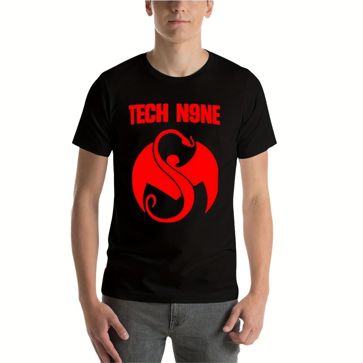 Men'S Heavyweight 220gsm Tech N9ne Hip-Hop T-Shirt | Black Graphic Tee with Red Logo, Machine Washable Casual Crewneck Top, All-Season Wear, Regular Fit, Perfect for Men.