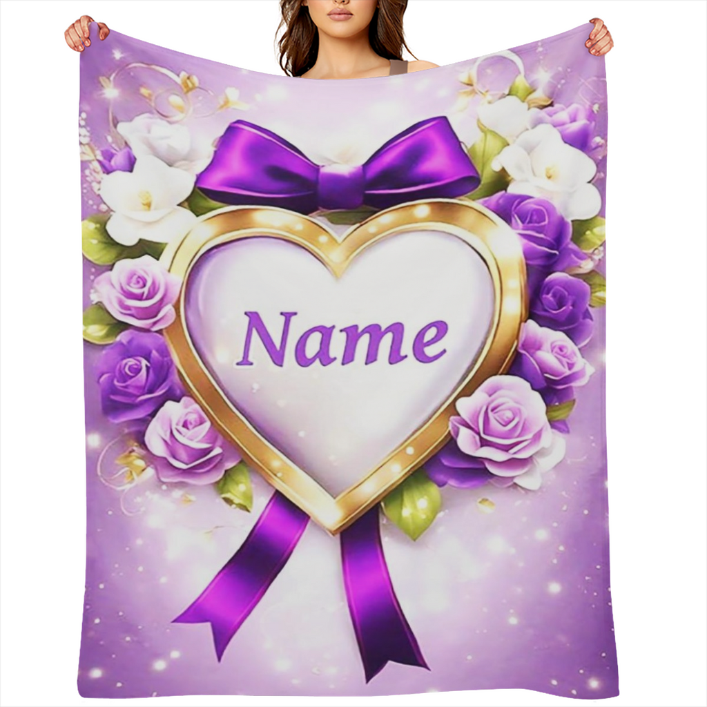 1pc CozyCraft Customizable Purple Heart Floral Design Flannel Throw Blanket - Contemporary Knit Polyester All Seasons Digital Print 200-250gsm for Sofa Bed Travel Camping