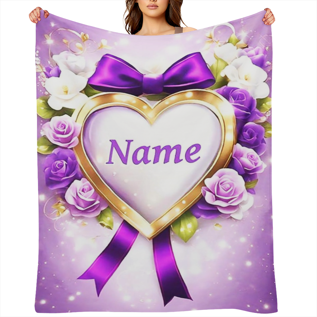 1pc CozyCraft Customizable Purple Heart Floral Design Flannel Throw Blanket - Contemporary Knit Polyester All Seasons Digital Print 200-250gsm for Sofa Bed Travel Camping