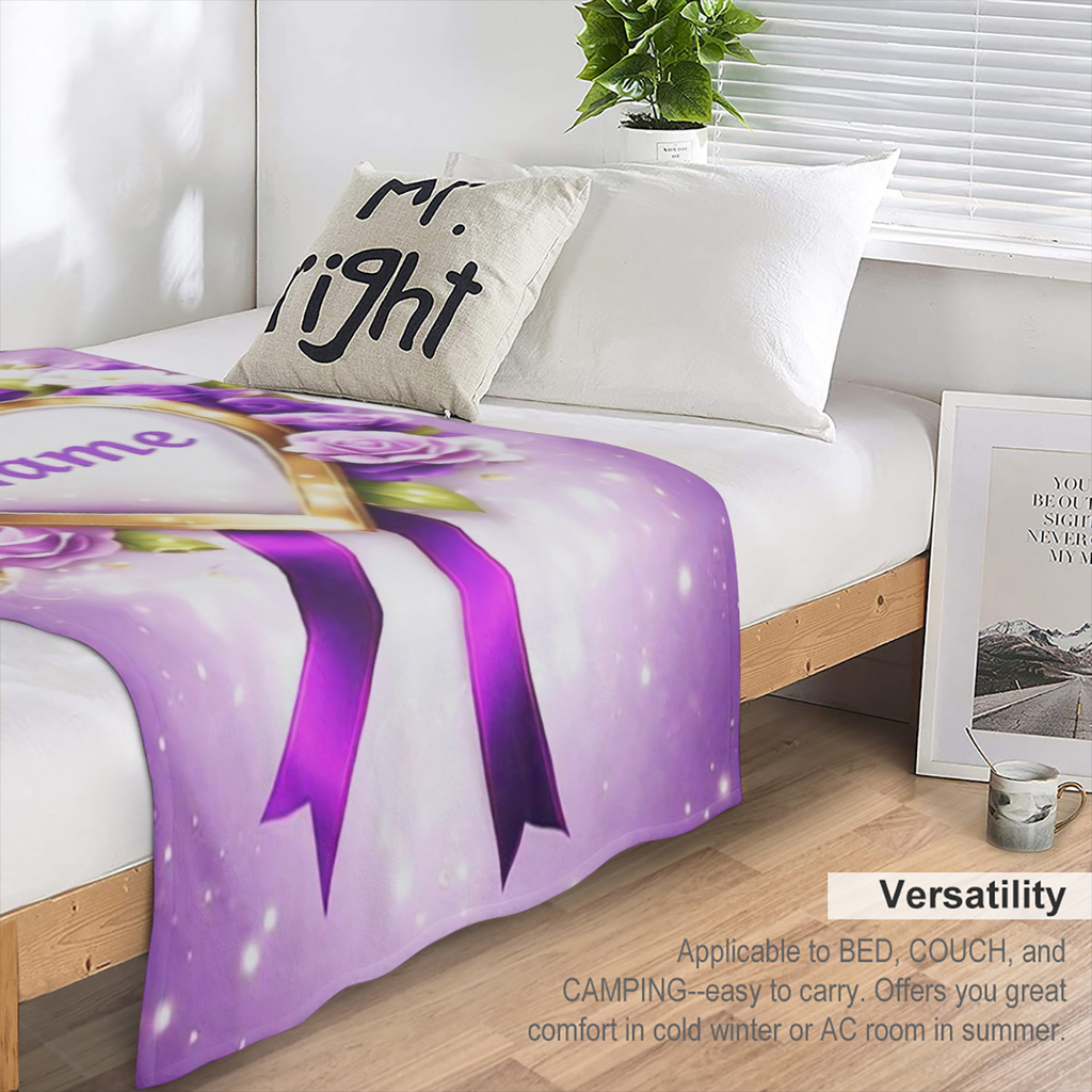 1pc CozyCraft Customizable Purple Heart Floral Design Flannel Throw Blanket - Contemporary Knit Polyester All Seasons Digital Print 200-250gsm for Sofa Bed Travel Camping
