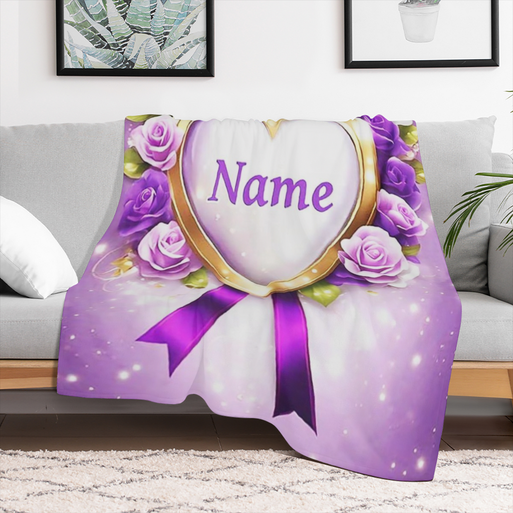 1pc CozyCraft Customizable Purple Heart Floral Design Flannel Throw Blanket - Contemporary Knit Polyester All Seasons Digital Print 200-250gsm for Sofa Bed Travel Camping