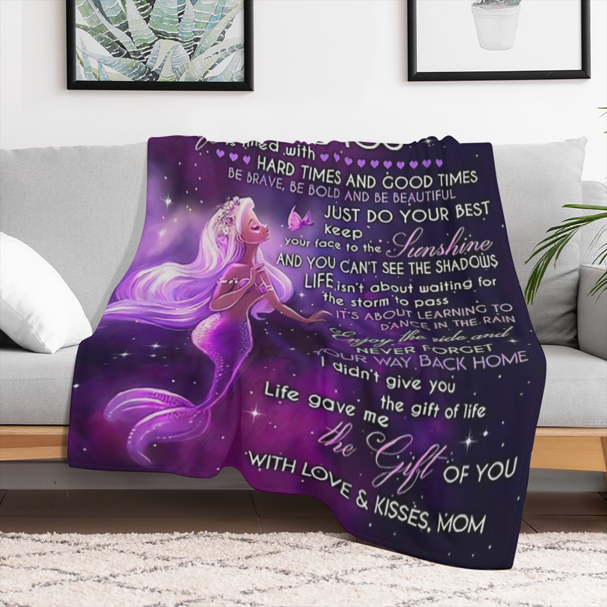 A cozy mermaid flannel blanket for a mom for her daughter - soft and warm, suitable for sofa or bed use