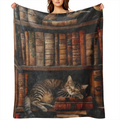 Cozy vintage book and cat print shawl blanket - soft plush flannel, perfect for book lovers and readers, ideal for birthdays and Christmas, perfect for beds, sofas and chairs, all year round