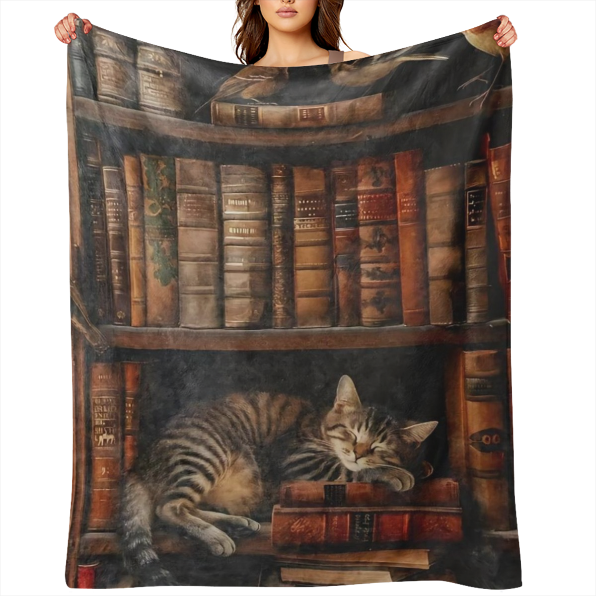 Cozy vintage book and cat print shawl blanket - soft plush flannel, perfect for book lovers and readers, ideal for birthdays and Christmas, perfect for beds, sofas and chairs, all year round