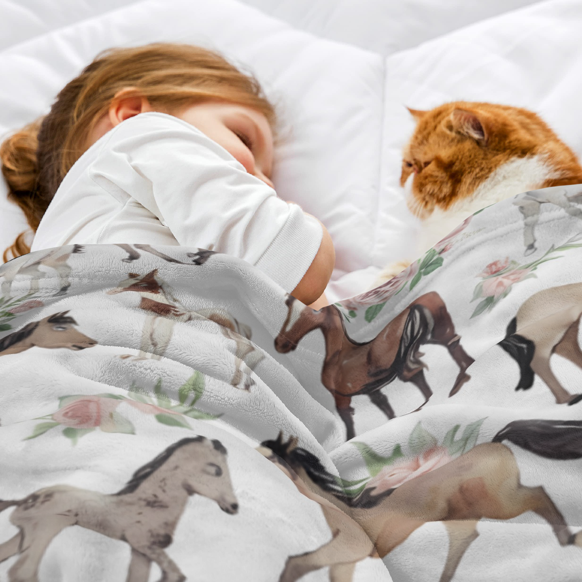 Horse Rose Throw Blanket For Women Men Flowers Blanket Gifts For Adults Cute Horses Lightweight Blanket 60X80 Inches For Bed All Season, Soft And Comfortable Flannel Blanket
