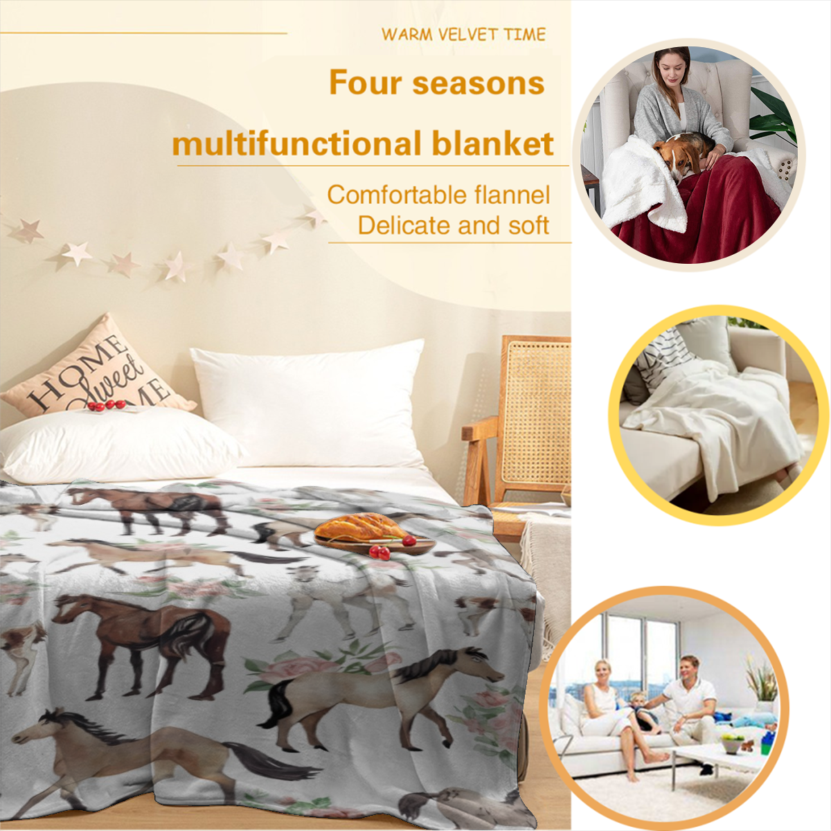 Horse Rose Throw Blanket For Women Men Flowers Blanket Gifts For Adults Cute Horses Lightweight Blanket 60X80 Inches For Bed All Season, Soft And Comfortable Flannel Blanket