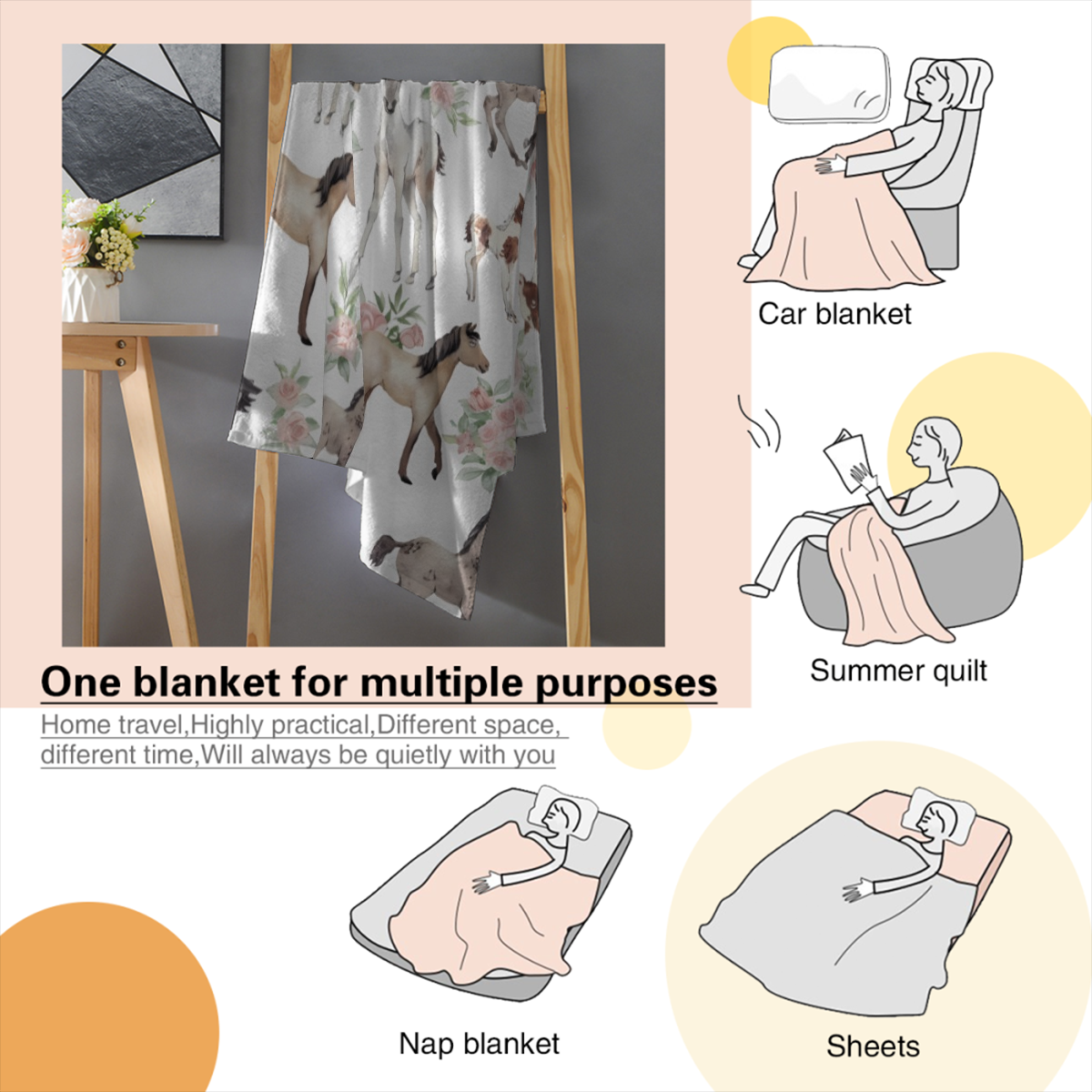 Horse Rose Throw Blanket For Women Men Flowers Blanket Gifts For Adults Cute Horses Lightweight Blanket 60X80 Inches For Bed All Season, Soft And Comfortable Flannel Blanket