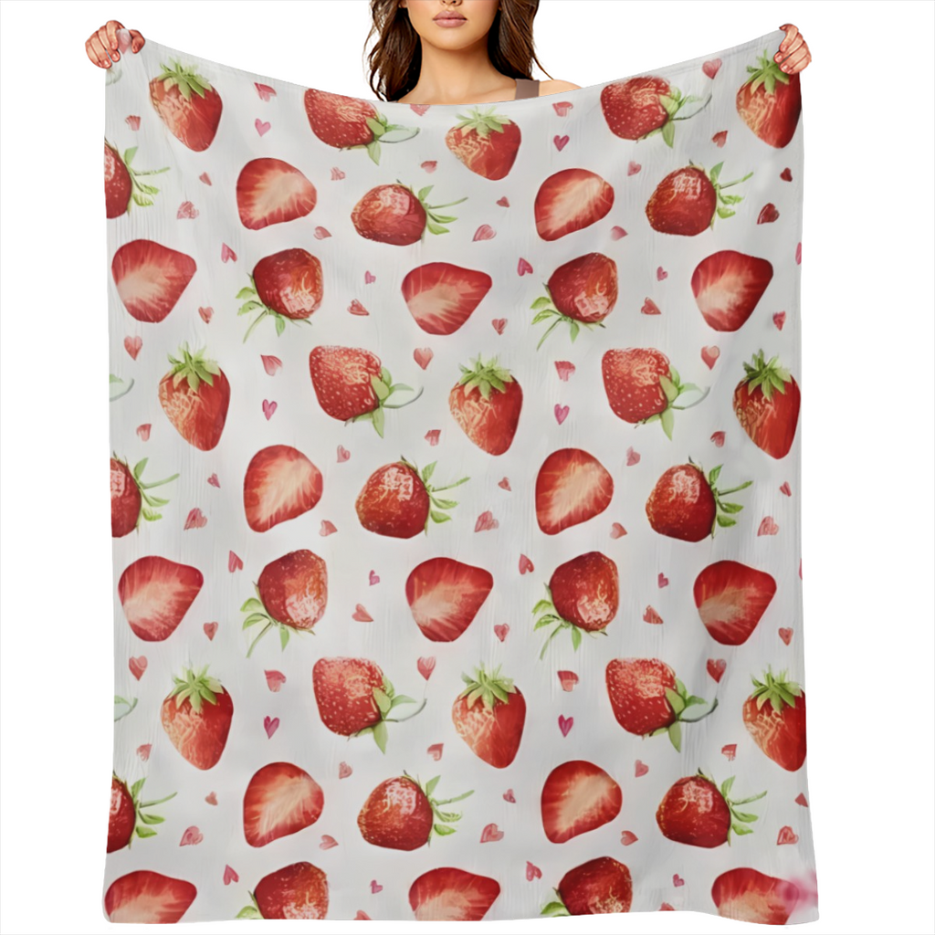 Pink Strawberry Fleece Blanket with Vibrant Red Berries and Green Leaves Pattern - Soft, Lightweight, and Cozy, Perfect for Sofa, Bed, Travel, Camping, Valentine's Day, Mother's Day, Father's Day Gift