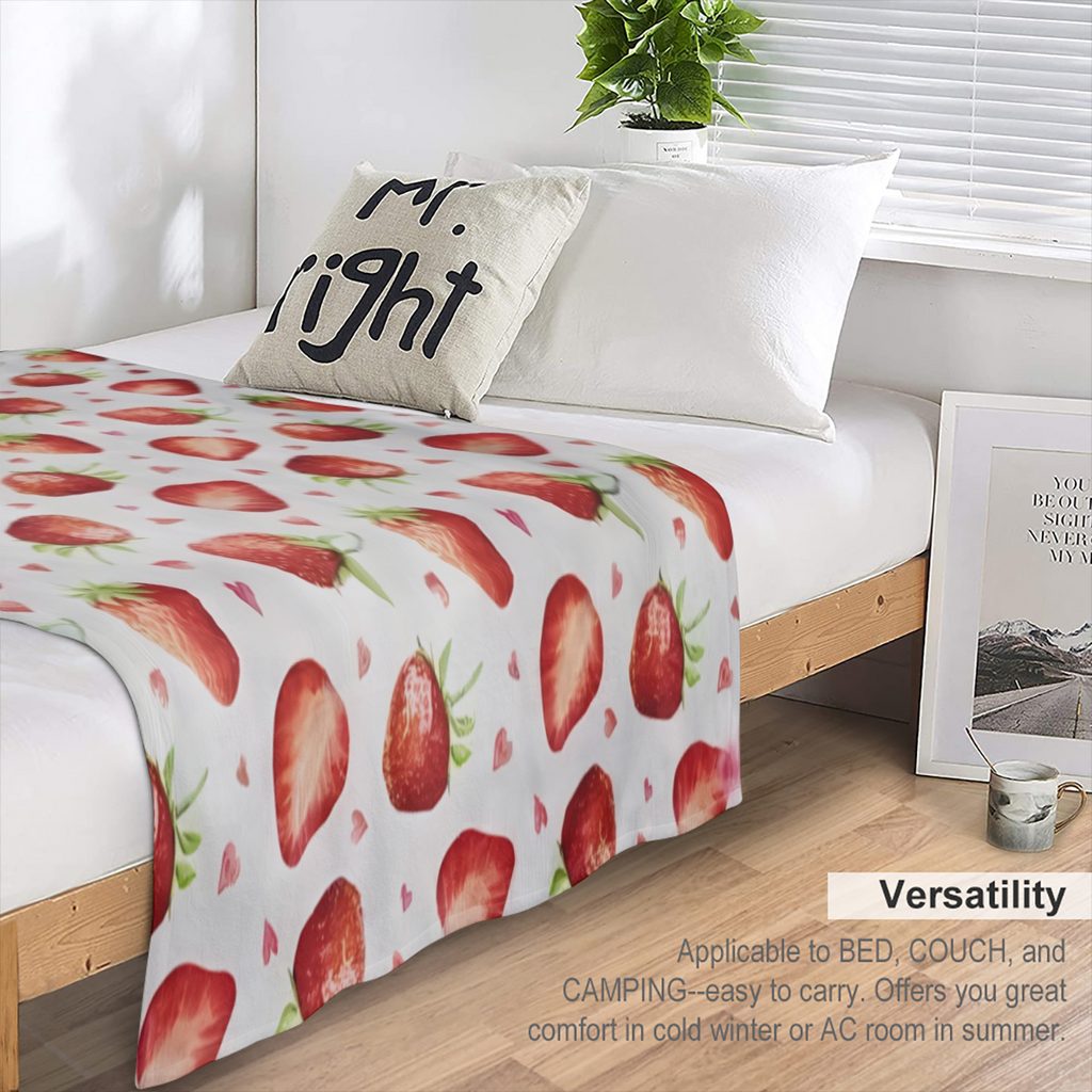 Pink Strawberry Fleece Blanket with Vibrant Red Berries and Green Leaves Pattern - Soft, Lightweight, and Cozy, Perfect for Sofa, Bed, Travel, Camping, Valentine's Day, Mother's Day, Father's Day Gift