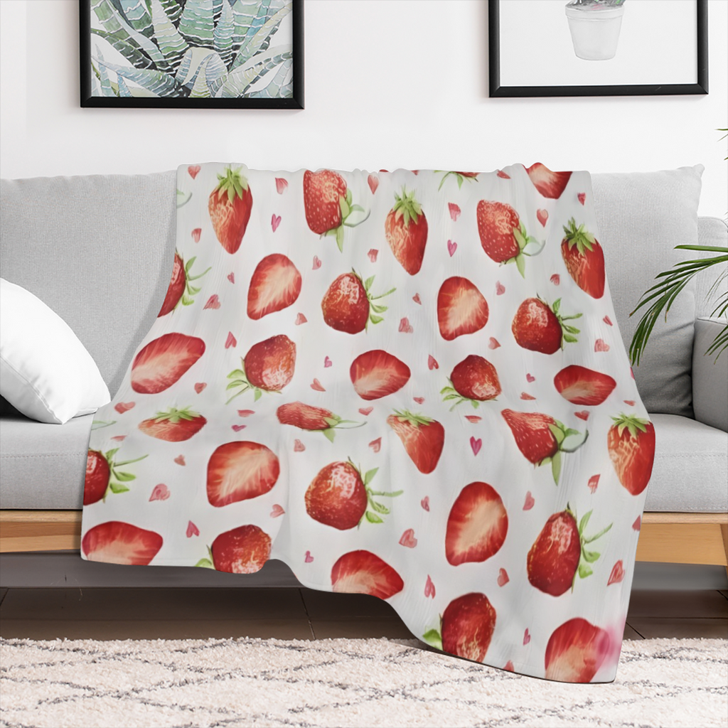 Pink Strawberry Fleece Blanket with Vibrant Red Berries and Green Leaves Pattern - Soft, Lightweight, and Cozy, Perfect for Sofa, Bed, Travel, Camping, Valentine's Day, Mother's Day, Father's Day Gift