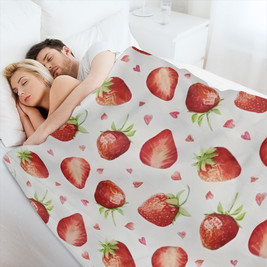 Pink Strawberry Fleece Blanket with Vibrant Red Berries and Green Leaves Pattern - Soft, Lightweight, and Cozy, Perfect for Sofa, Bed, Travel, Camping, Valentine's Day, Mother's Day, Father's Day Gift