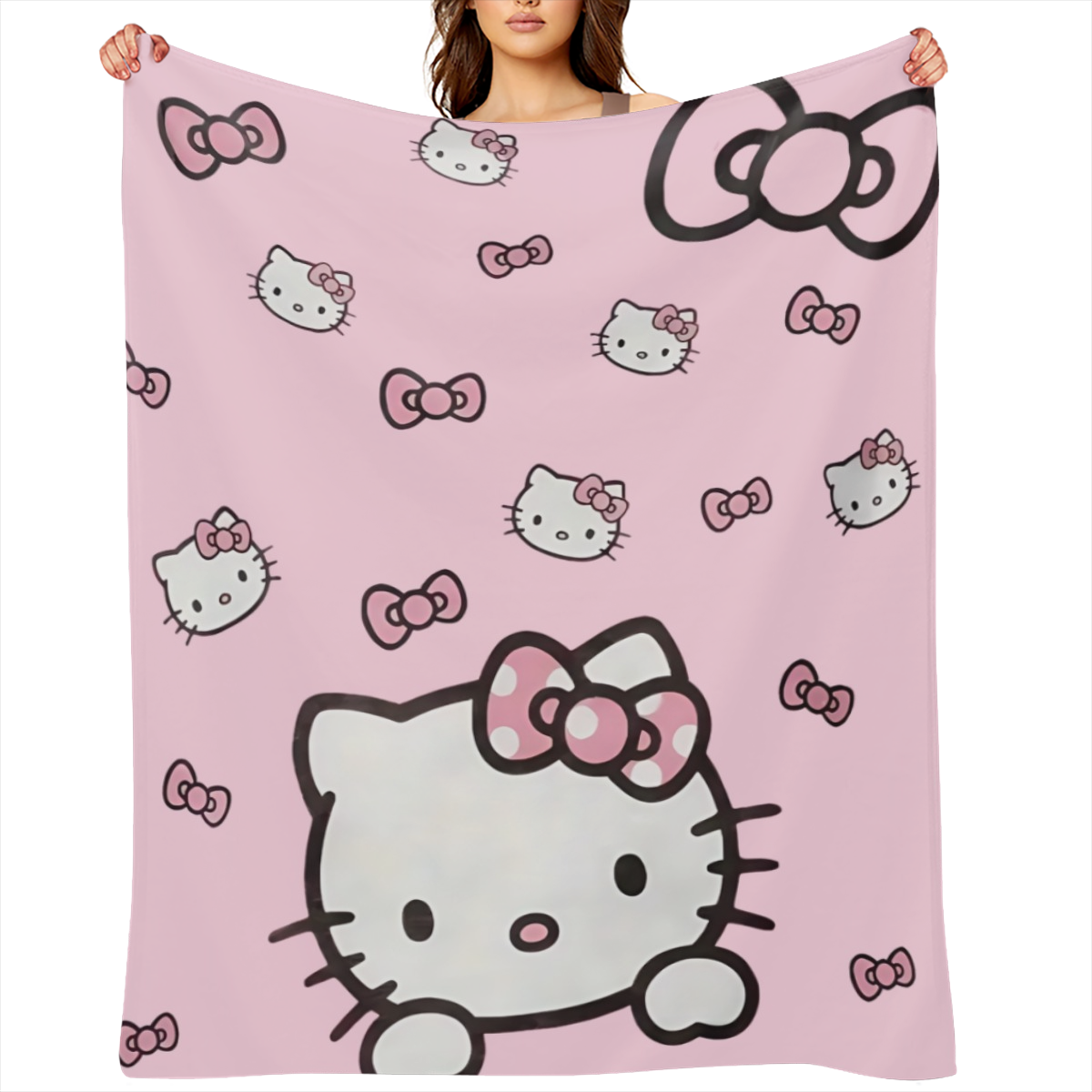 For Hello Kitty Cozy Throw Blanket Soft Polyester, AllSeason Boho Chic Cartoon Design, Perfect for Office Naps Home Decor, 253gsm, Ideal Gift for Cat Lovers