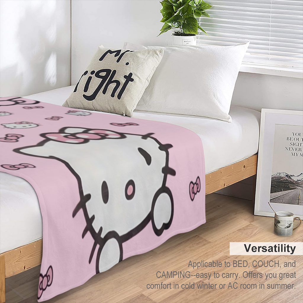 For Hello Kitty Cozy Throw Blanket Soft Polyester, AllSeason Boho Chic Cartoon Design, Perfect for Office Naps Home Decor, 253gsm, Ideal Gift for Cat Lovers