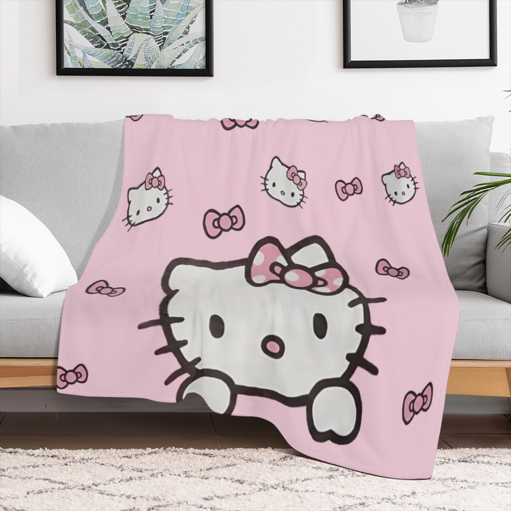 For Hello Kitty Cozy Throw Blanket Soft Polyester, AllSeason Boho Chic Cartoon Design, Perfect for Office Naps Home Decor, 253gsm, Ideal Gift for Cat Lovers