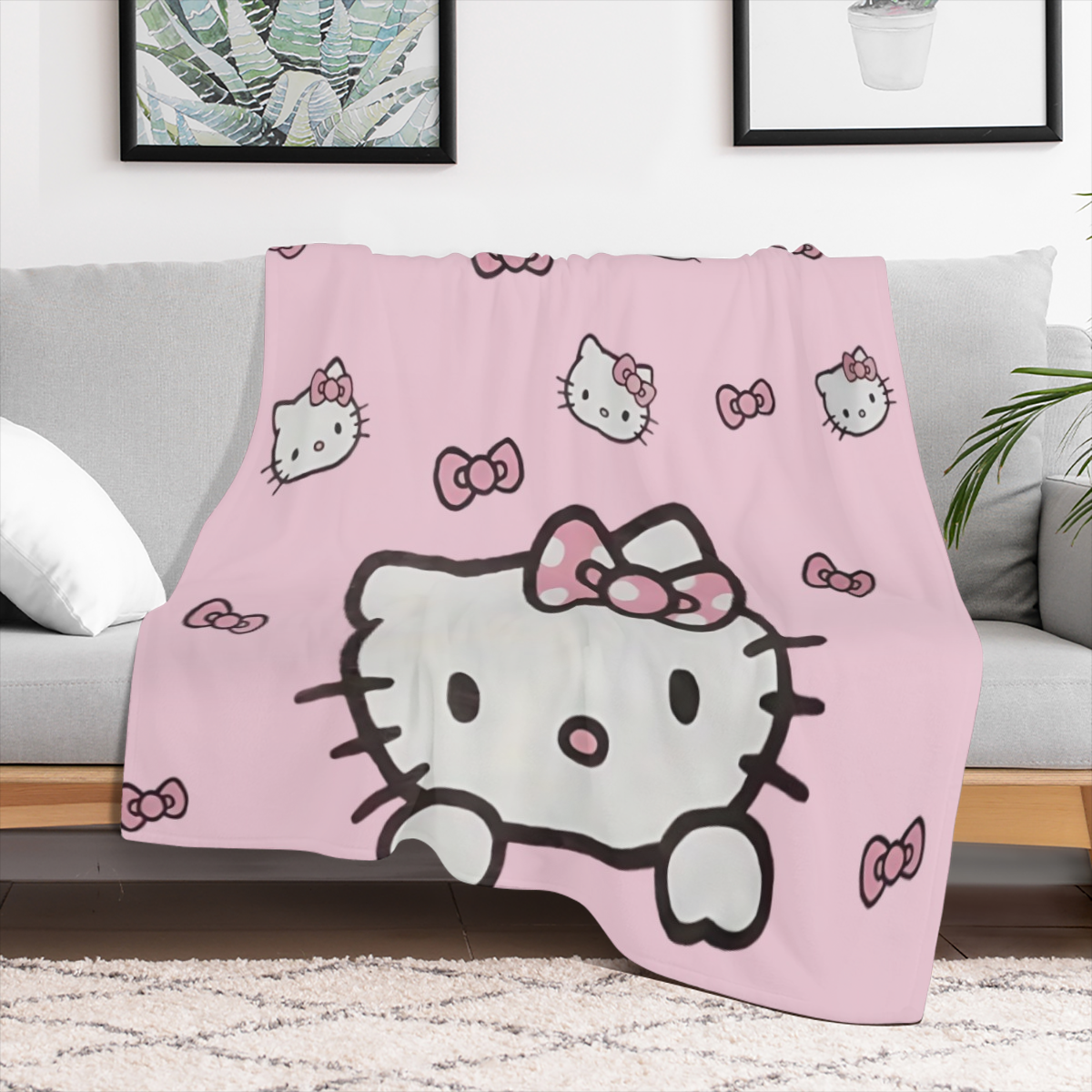 For Hello Kitty Cozy Throw Blanket Soft Polyester, AllSeason Boho Chic Cartoon Design, Perfect for Office Naps Home Decor, 253gsm, Ideal Gift for Cat Lovers