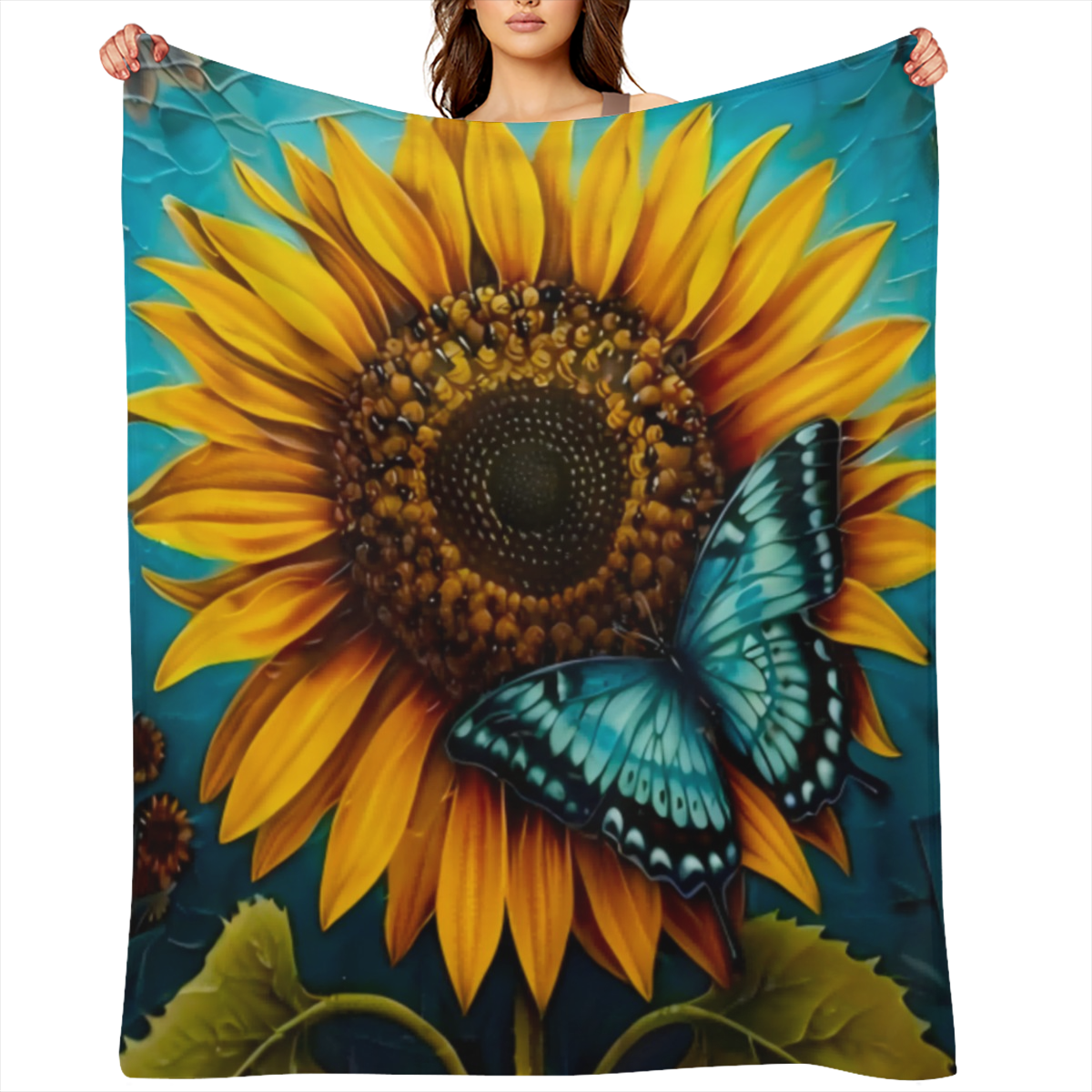1pc Sunflower Butterfly Flower Printed Blanket, Contemporary Style, Outdoor Blanket, Travel Camping Blanket, Soft And Comfortable Blanket, Travel Sofa Bed, Office Home Decor, Birthday Gift Blanket, Av