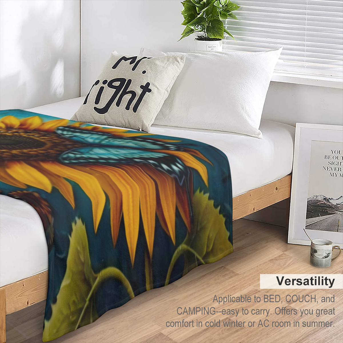1pc Sunflower Butterfly Flower Printed Blanket, Contemporary Style, Outdoor Blanket, Travel Camping Blanket, Soft And Comfortable Blanket, Travel Sofa Bed, Office Home Decor, Birthday Gift Blanket, Av