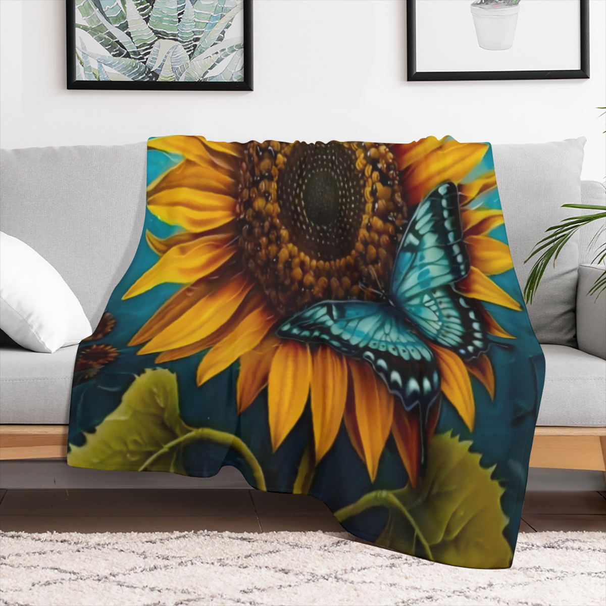 1pc Sunflower Butterfly Flower Printed Blanket, Contemporary Style, Outdoor Blanket, Travel Camping Blanket, Soft And Comfortable Blanket, Travel Sofa Bed, Office Home Decor, Birthday Gift Blanket, Av