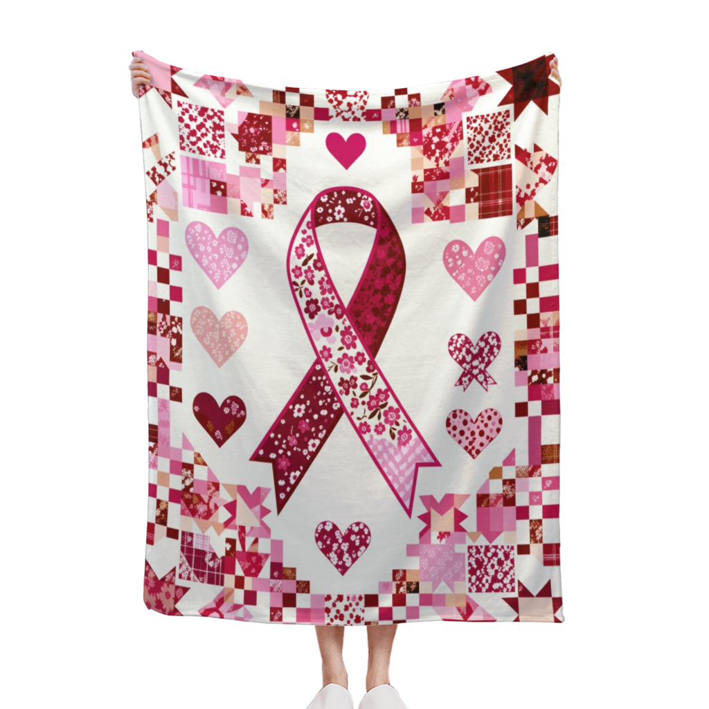 A Blanket Themed with a Pink Ribbon for Breast Cancer Awareness - Cozy, Warm, And Adaptable for Use on Sofas, in Offices, on Beds, During Camping, And While Traveling Throughout The Year. It Offers Ho