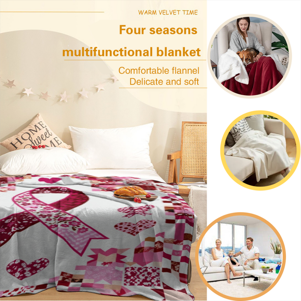 A Blanket Themed with a Pink Ribbon for Breast Cancer Awareness - Cozy, Warm, And Adaptable for Use on Sofas, in Offices, on Beds, During Camping, And While Traveling Throughout The Year. It Offers Ho