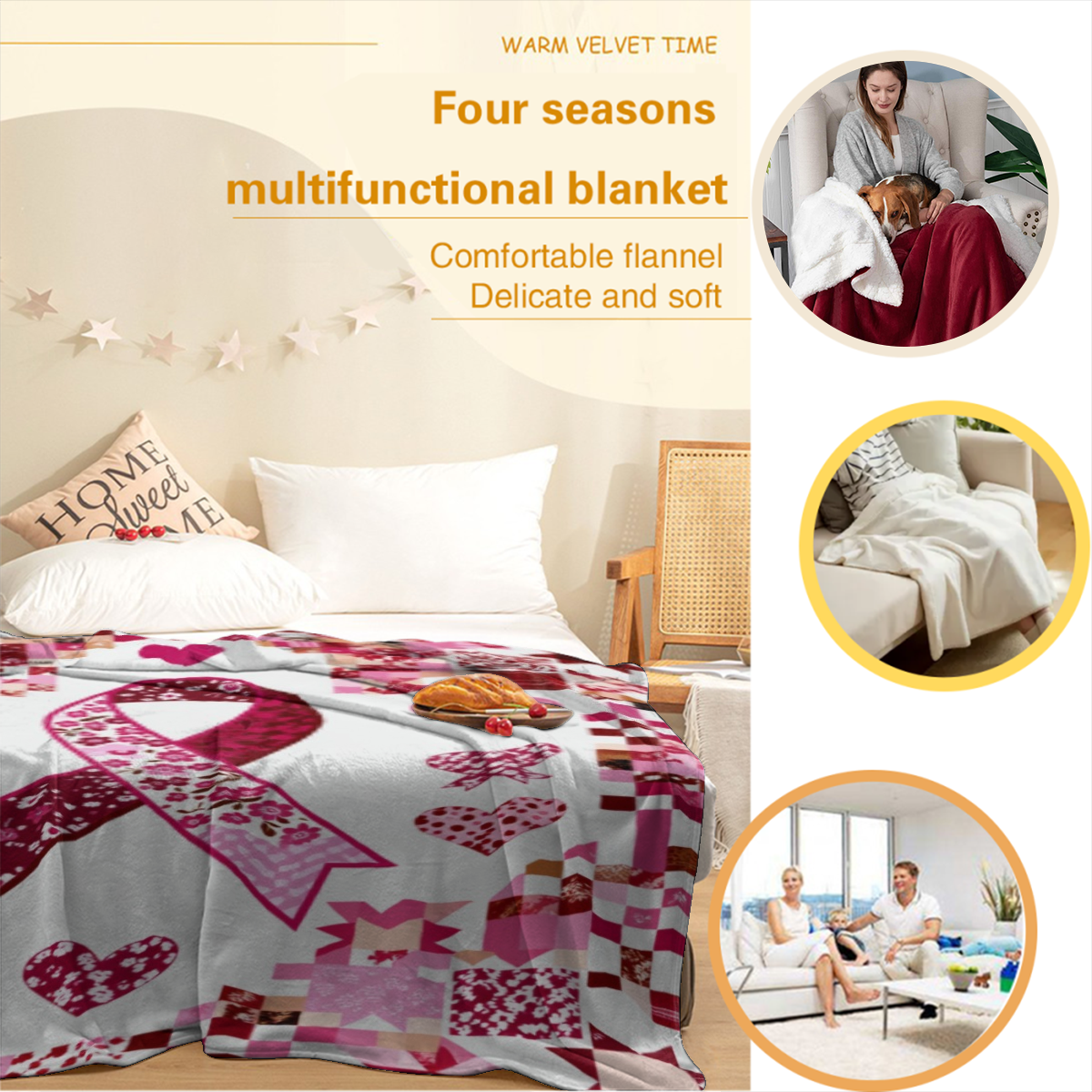 A Blanket Themed with a Pink Ribbon for Breast Cancer Awareness - Cozy, Warm, And Adaptable for Use on Sofas, in Offices, on Beds, During Camping, And While Traveling Throughout The Year. It Offers Ho
