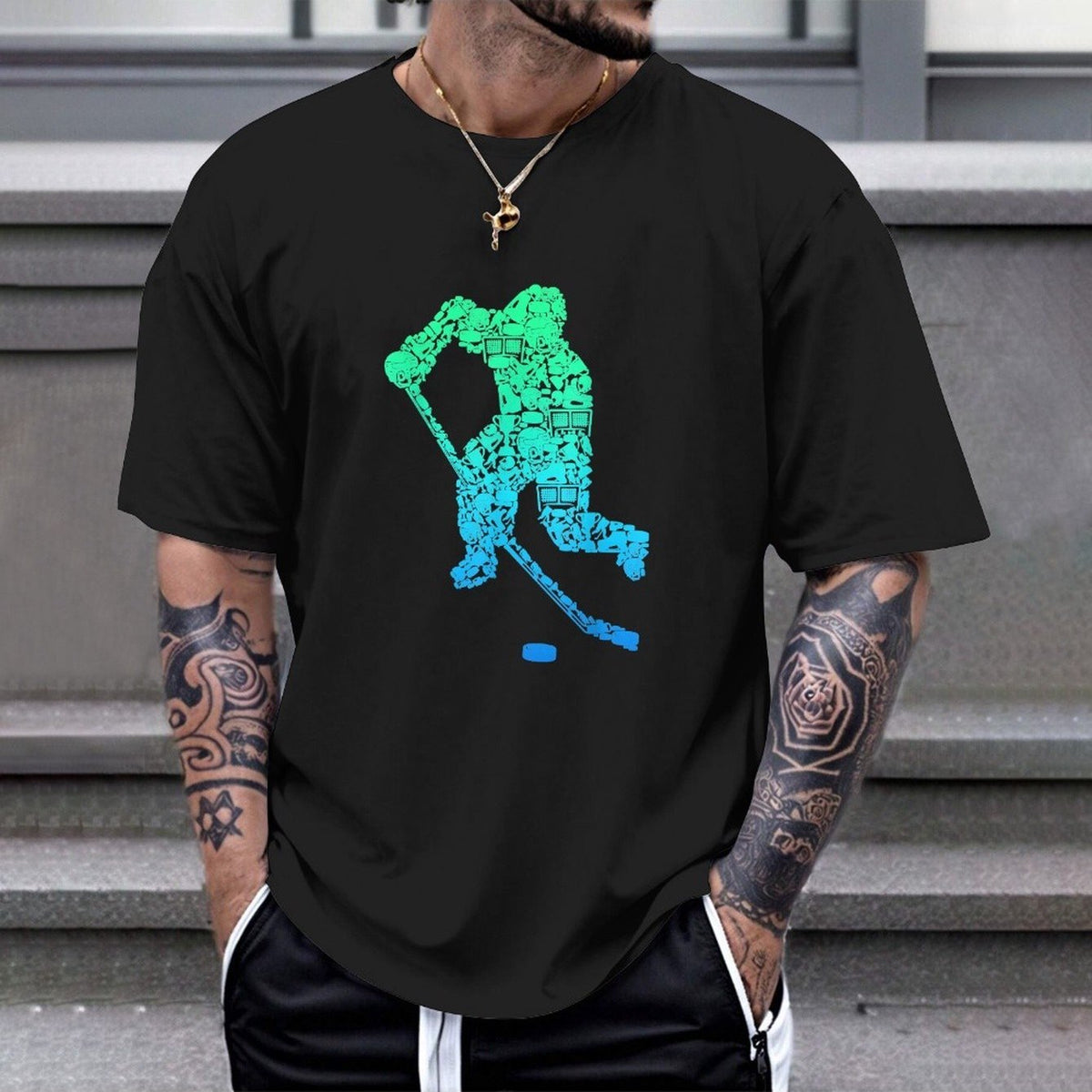 Men's & Women's Ice Hockey Player Graphic T-Shirt - Heavyweight 180gsm Hockey Action Print with Puck & Goal Net Design, Breathable Short Sleeve Athletic Tee, S-XXXL Sizes (Black with Green Back Print) - Unisex for games, Practice, Casual Wear